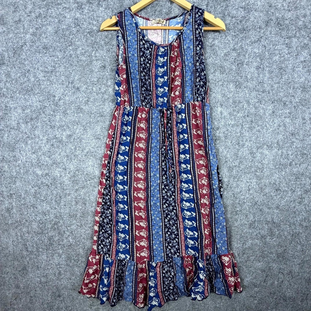Lavish Tank Dress Womens Medium Blue Red Paisley Boho Chic Ruffle Hem‎ Indie